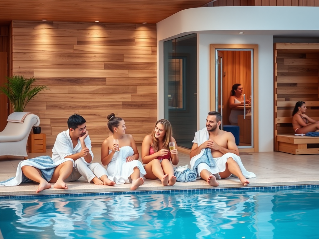 Группа друзей отдыхает у бассейна, наслаждаясь напитками в спа-комплексе. За ними видны сауны.