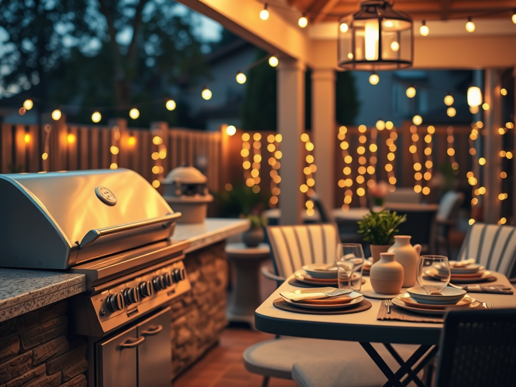 Элегантная терраса с грилем, накрытым столом и огнями на фоне. Идеально для вечера на свежем воздухе.