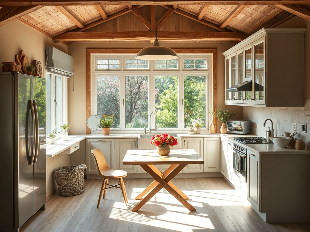 Светлая кухня с деревянным потолком, столом и окнами, через которые виден зеленый сад. Цветы на столе.