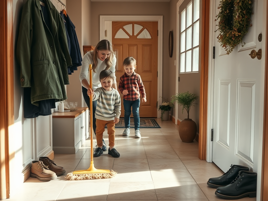 На изображении мама убирает с детьми в прихожей, радуясь совместной деятельности в уютном интерьере.