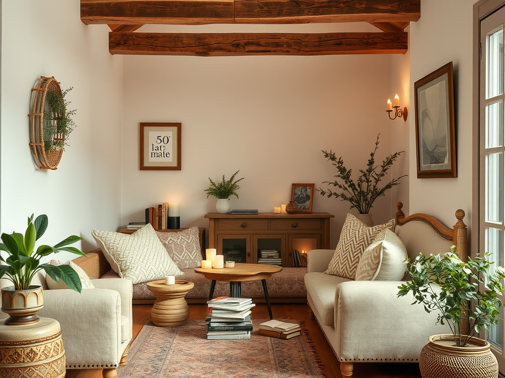 Уютная гостиная с мягкой мебелью, растениями, книгами и кремовыми оттенками в интерьере.