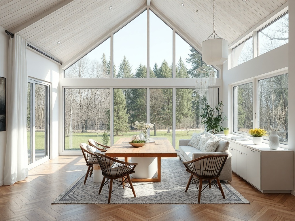 Светлая гостиная с большими окнами, деревянным столом и уютной мебелью. Вид на природу за окном.