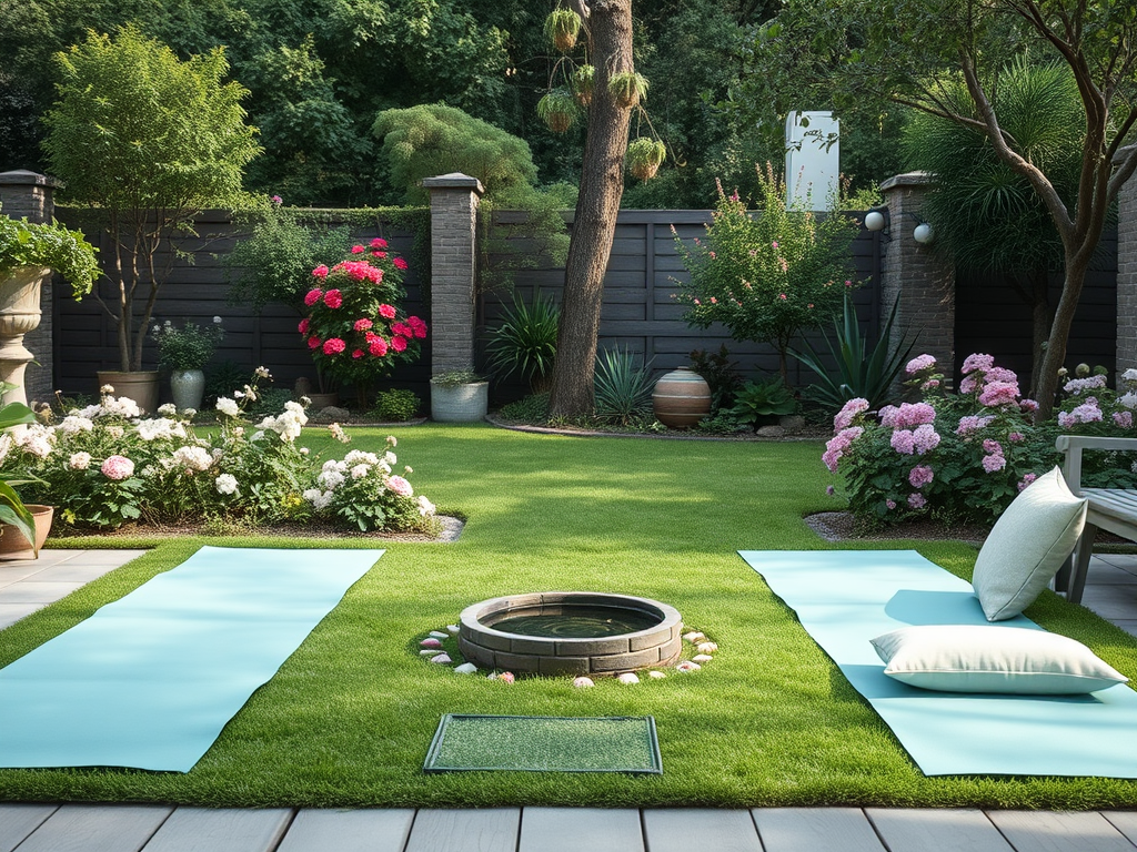 Уютный сад с зелёным газоном, цветами и йога-ковриками для медитации и отдыха. Спокойная атмосфера природы.