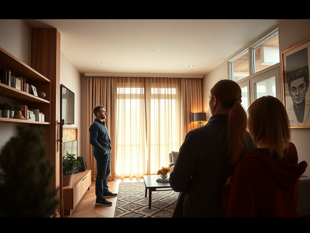 Мужчина стоит у окна, двое людей смотрят на него. В комнате уютная обстановка и много света.