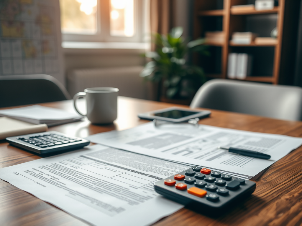 Стол с документами, калькуляторами, блокнотом и чашкой на фоне окна и домашнего растения.
