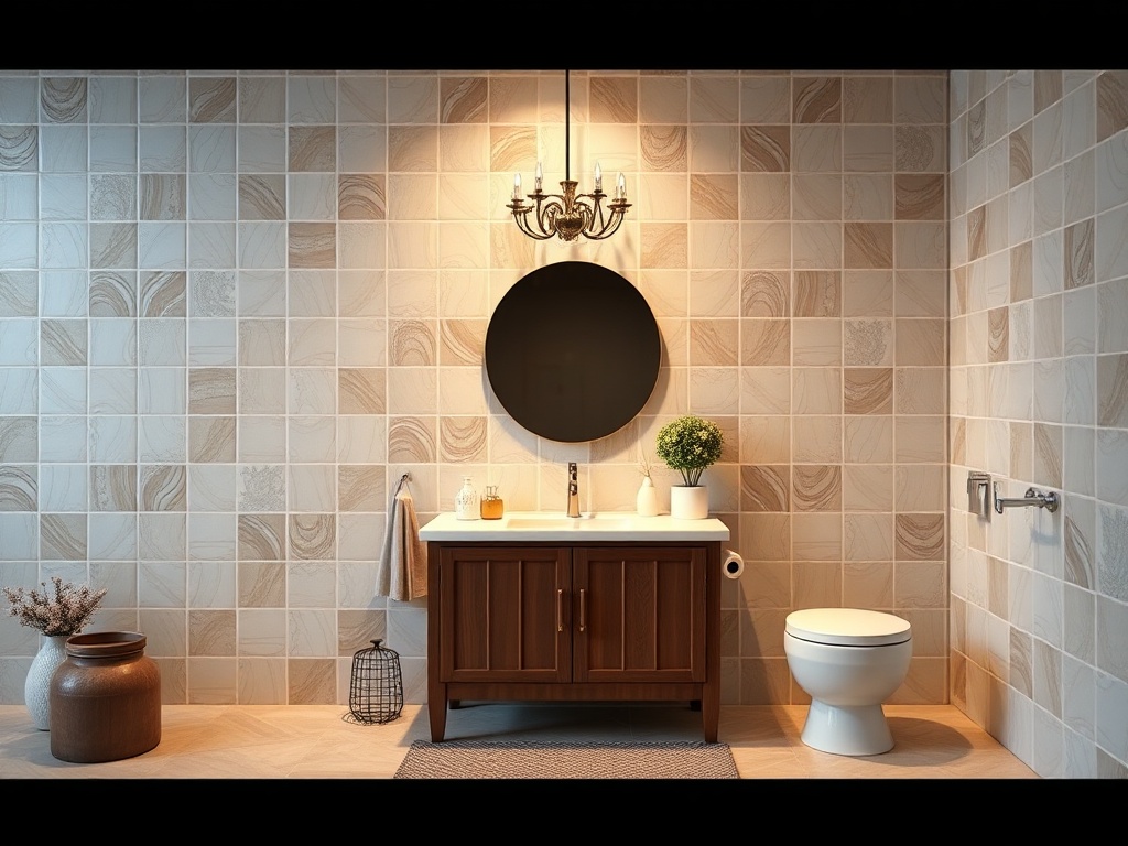 Современная ванная комната с деревянной мебелью, круглым зеркалом и светлой плиткой на стенах.