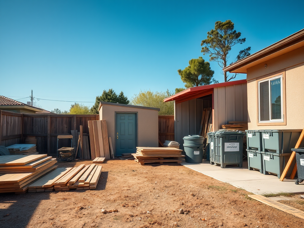На заднем дворе дома расположены доски, контейнеры для мусора и небольшой сарай. Ясное небо.
