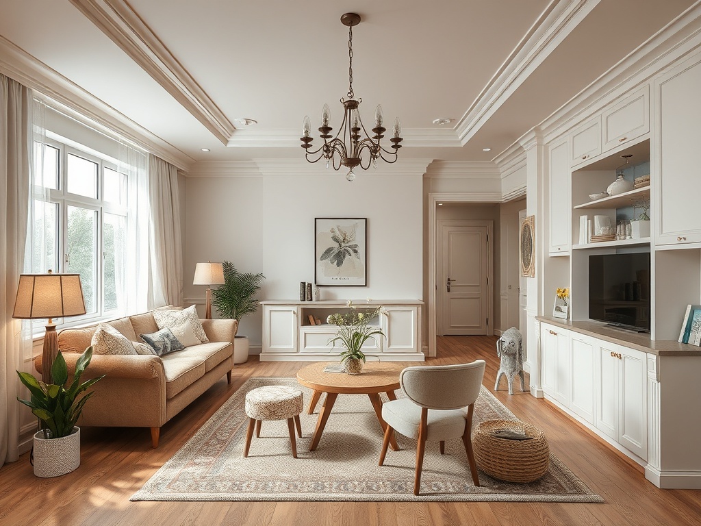 Современный уютный интерьер гостиной с мягкой мебелью, светильниками и растениями в светлых тонах.