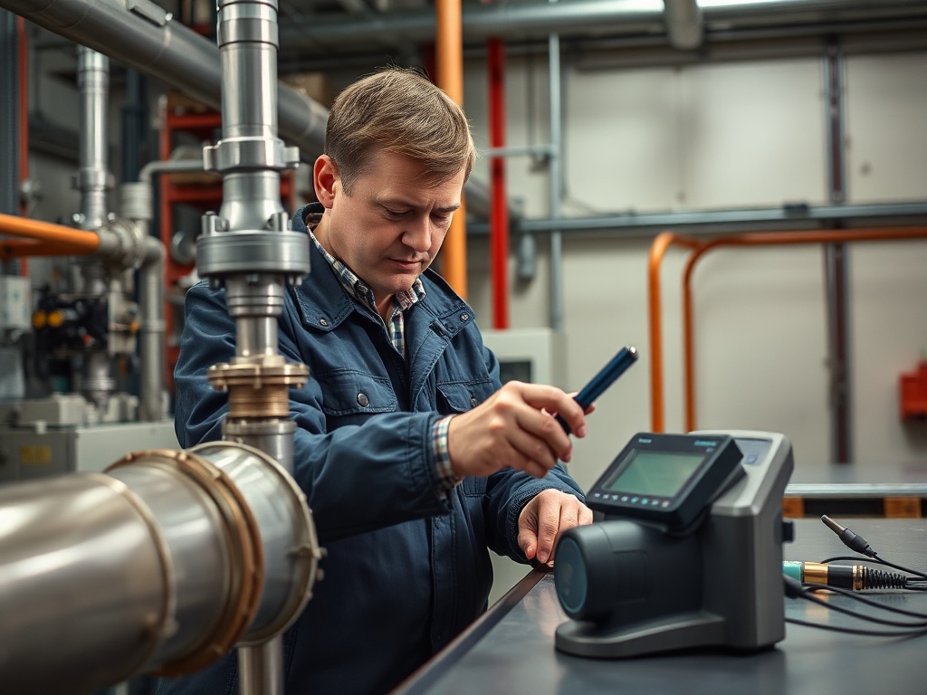 Человек в рабочей одежде использует прибор для измерений на заводе. Вокруг трубы и оборудование.