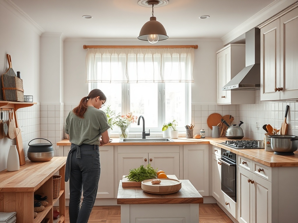 На фото уютная кухня с женщиной, готовящей на стильной деревянной столешнице. Светло и уютно.