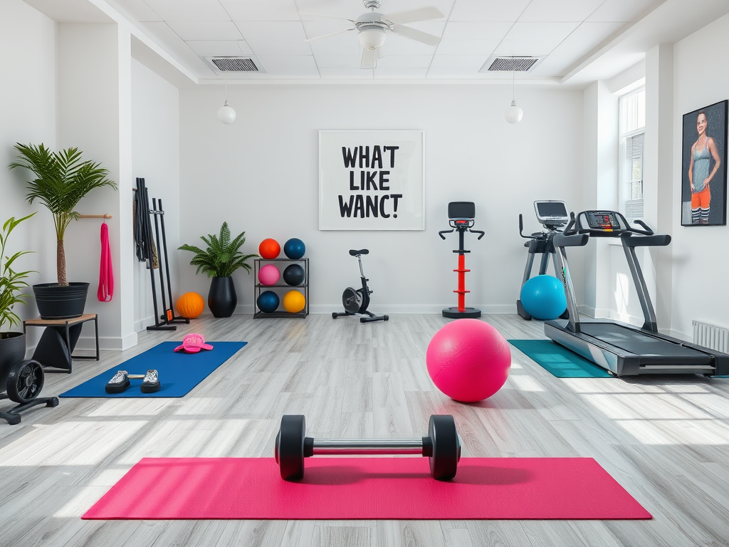 Современный спортивный зал с тренажерами, гантелями и фитнес-аксессуарами на светлом фоне.