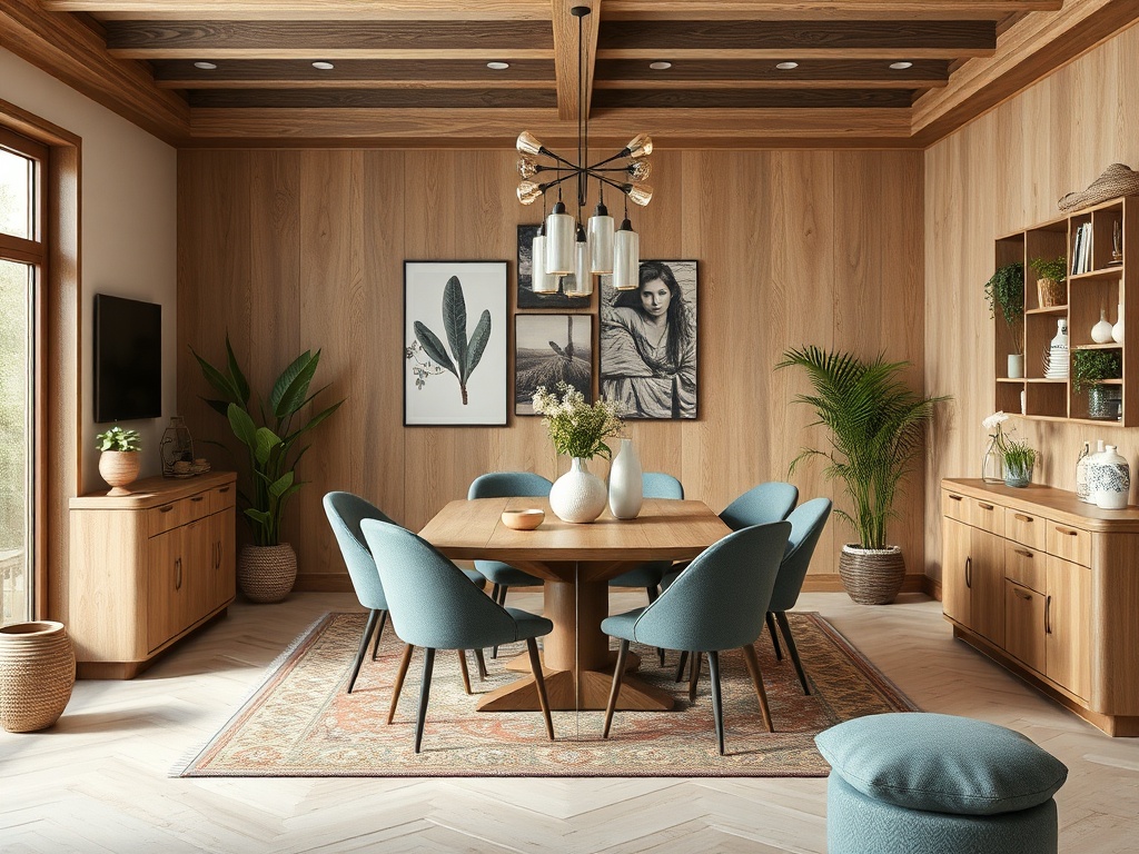 Уютная столовая с деревянными стенами, большим столом и мягкими стульями. Растения и картины создают атмосферу.