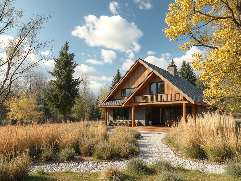 Современный дом с застекленным балконом на фоне зелени и голубого неба, окружённый травами и деревьями.