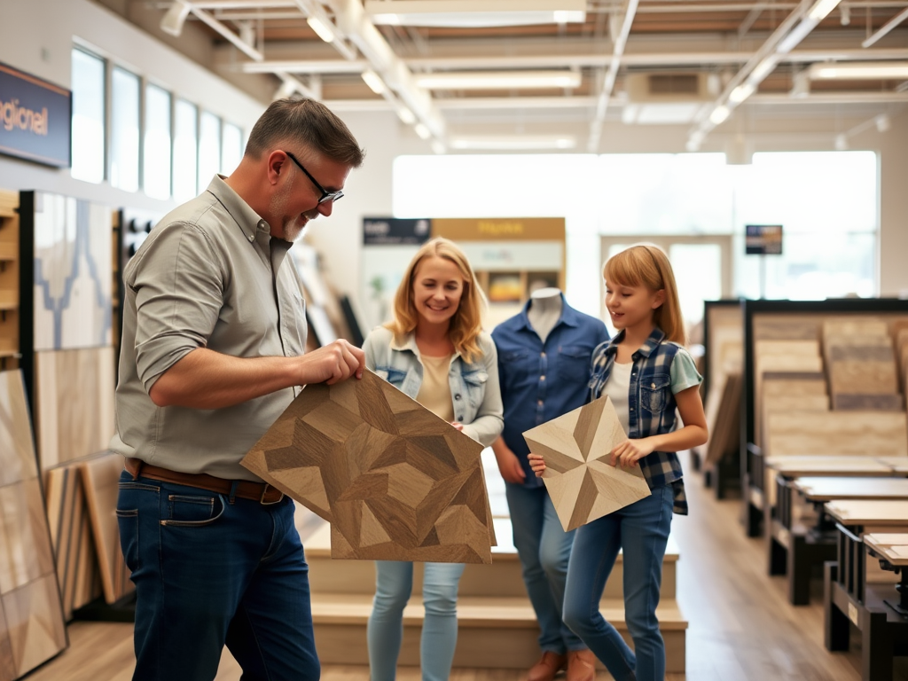 В магазине мужчина и две женщины выбирают образцы покрытия для пола, обсуждая варианты.