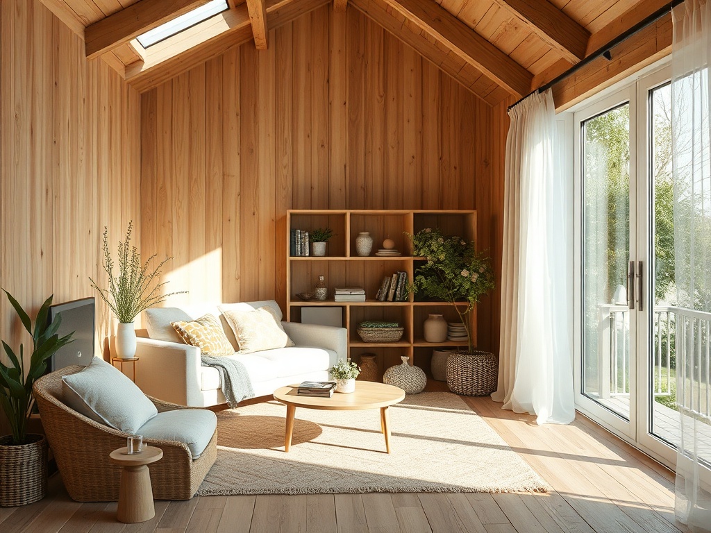 Светлая комната с деревянными стенами, уютная мебель, книжный шкаф и большое окно. Спокойная атмосфера.
