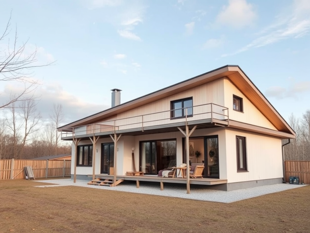 Современный загородный дом с террасой и большими окнами, окружённый зелёным участком и деревьями.