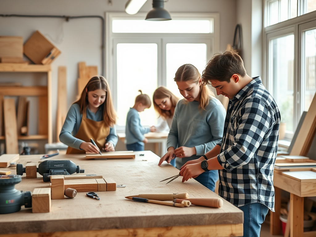 Группа людей работает над проектами в мастерской, используя инструменты и деревянные материалы.
