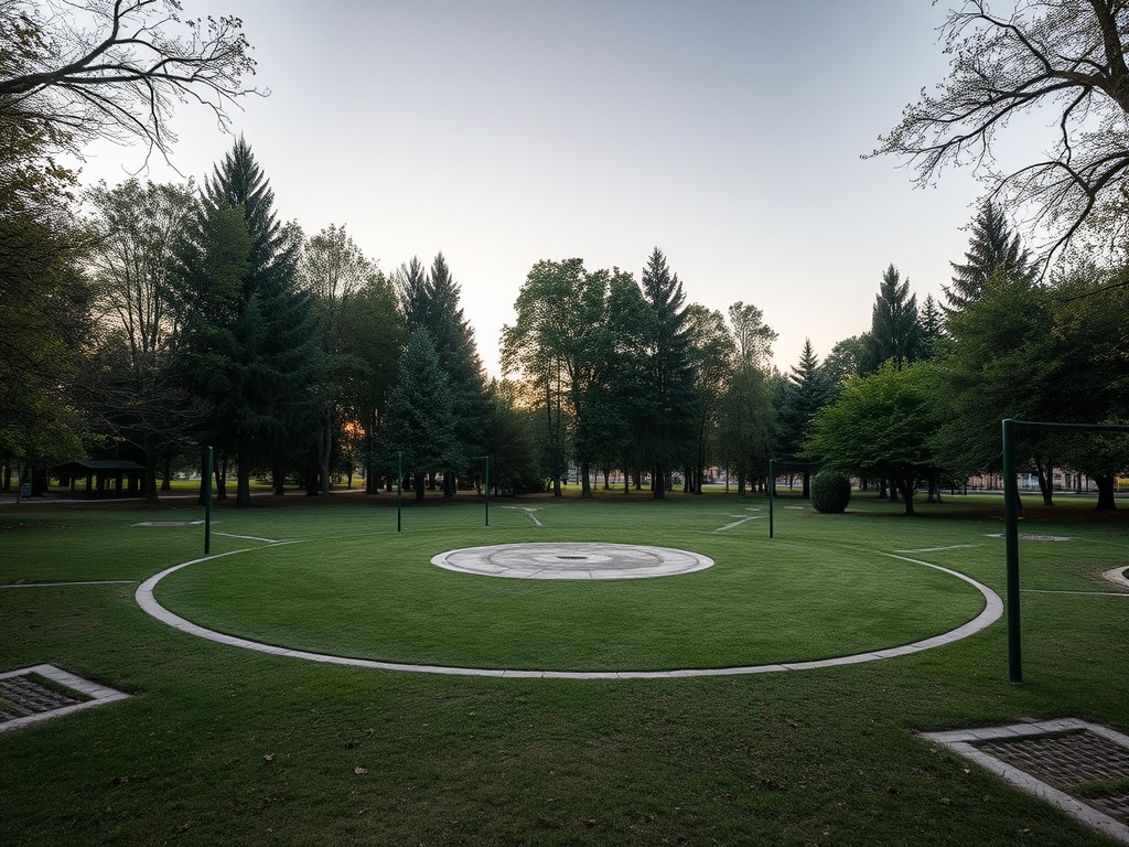 Парк с зеленой травой и высокими деревьями, пустота и спокойствие на фоне раннего утра.