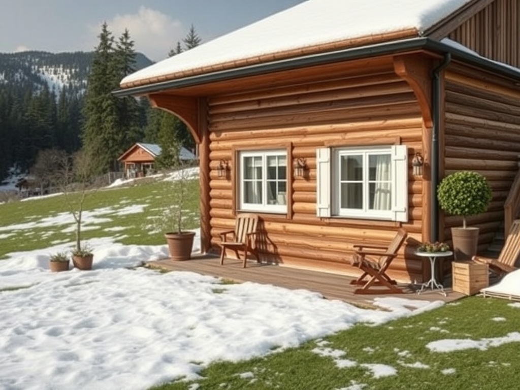 Деревянный дом на фоне зимнего пейзажа, окружённый снегом и зелёной травой. Уютная атмосфера.