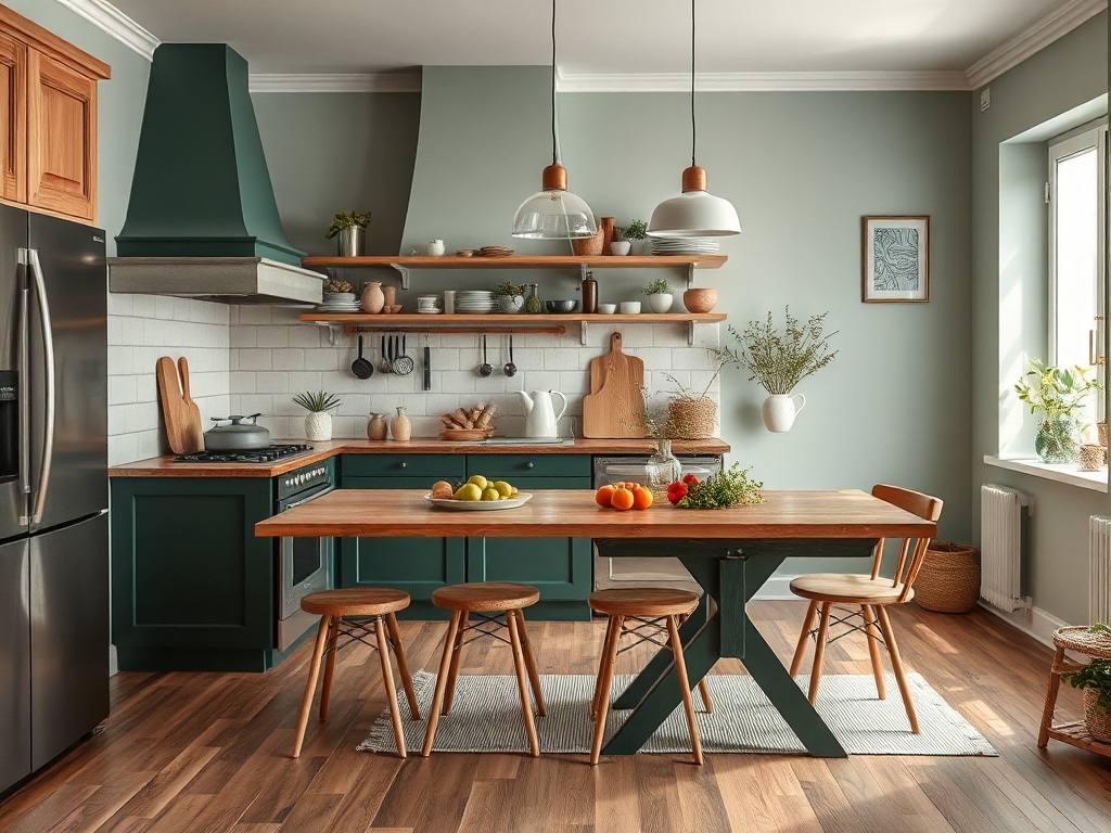 Современная кухня в зелёных тонах с деревянным столом, стульями и фруктами на столе. Уютная атмосфера.