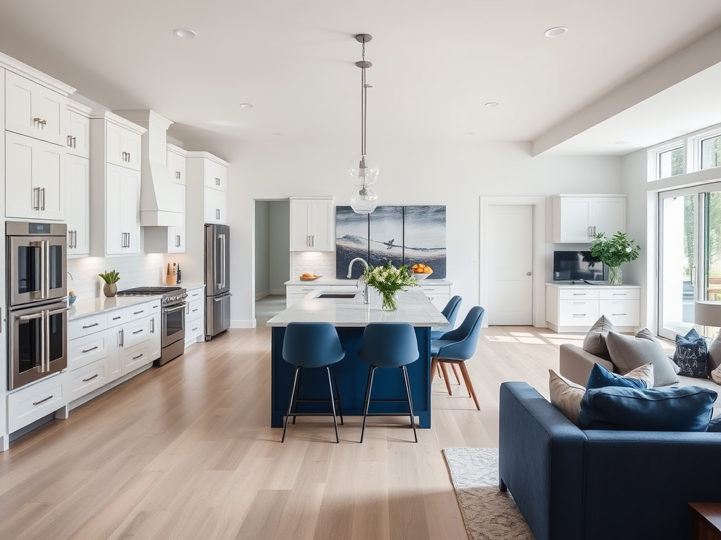 Современная кухня с белыми шкафами, островом с синими стульями и зоной отдыха с синем диваном.