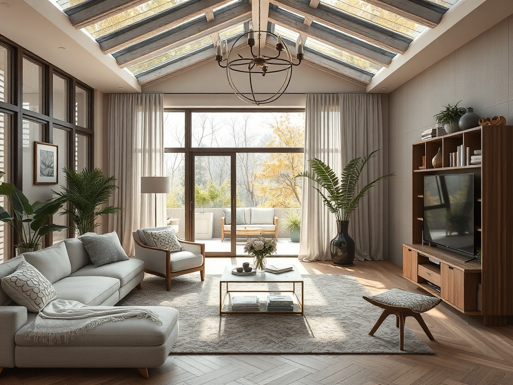 Современная гостиная с большими окнами, растениями и уютной мебелью. Мягкий свет и природные оттенки.