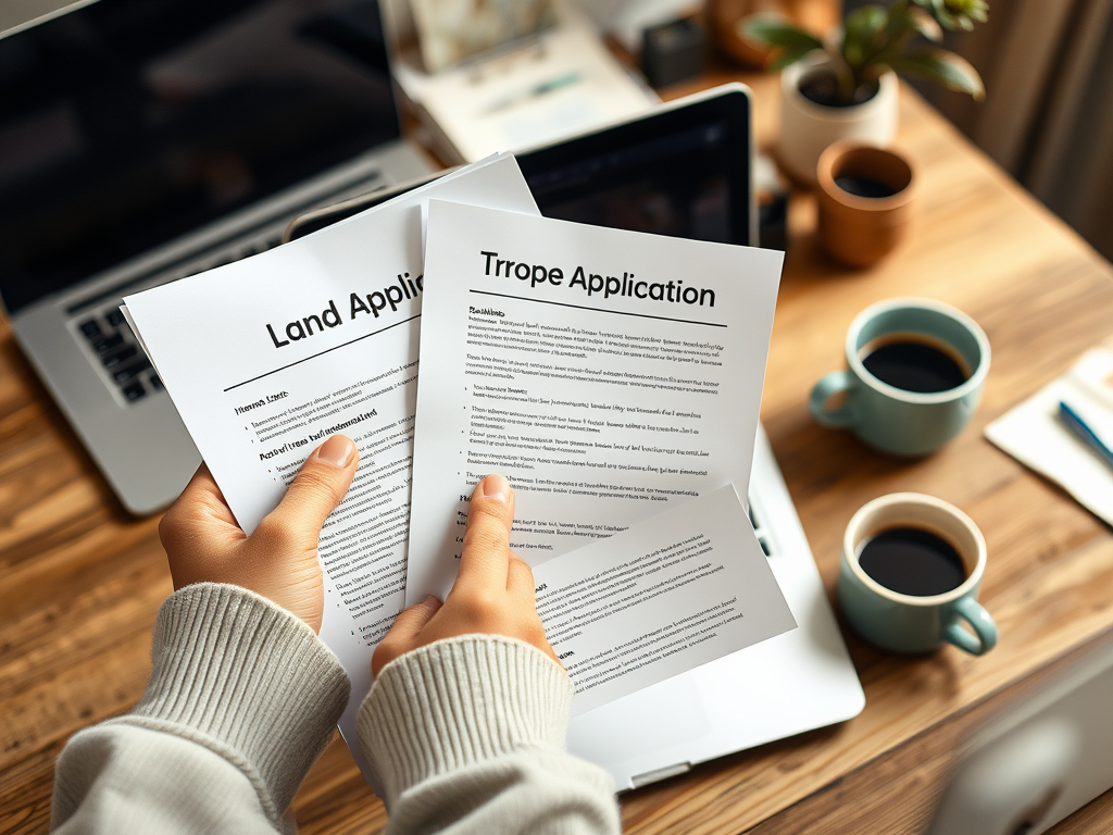 Крупный план рук, держащих заявки на землю и тропы, на фоне ноутбука и чашек кофе на деревянном столе.