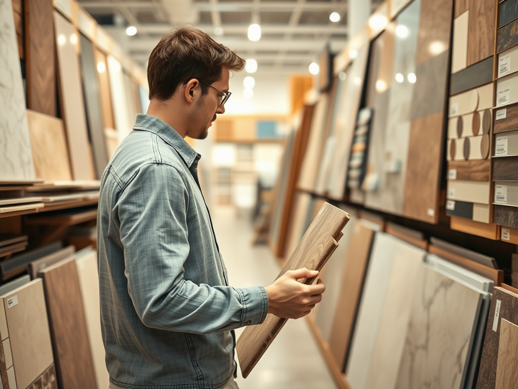 Молодой человек в магазине выбирает образцы материалов для полов, рассматривая доску в руках.