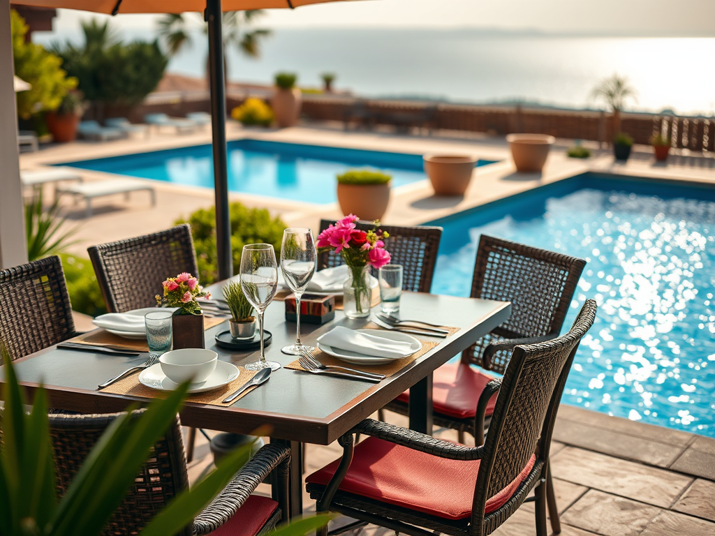 Нарядный столик на террасе у бассейна, окруженный зелеными растениями и цветами. Солнце ярко светит.