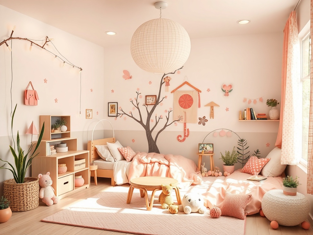 Уютная детская комната в розовых тонах с растениями, мягкими игрушками и книгами на полке.