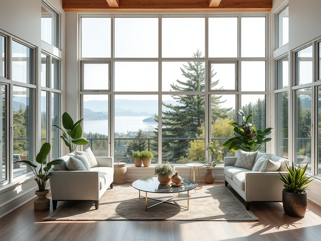 Светлая гостиная с панорамными окнами и видом на природу, уютные диваны и зеленые растения.