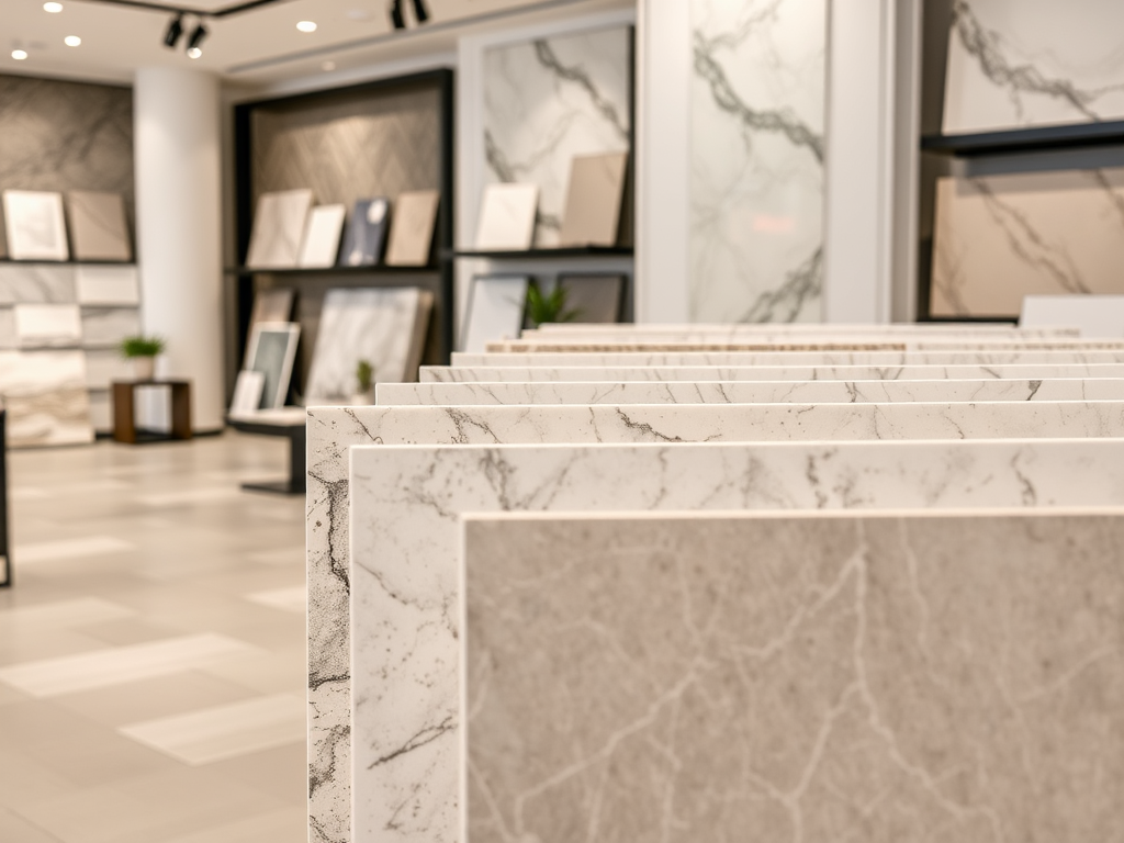 В магазине представлены образцы плитки с мраморным узором, на фоне стен с оформлением и зеленым растением.