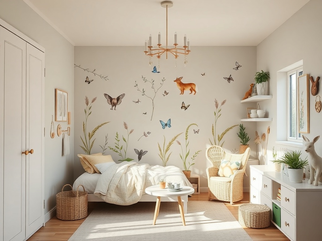 Комната с уютной атмосферой, украшенная рисунками бабочек и животных на стенах. Светлое дерево и мягкий текстиль.