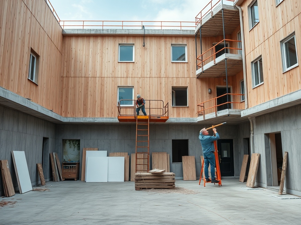 Рабочие ведут строительство в дворе здания, используя лестницы для доступа к верхним уровням.