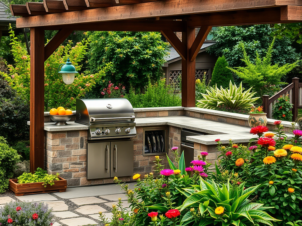 Современный гриль на кухне под открытым небом, окруженный зелеными растениями и яркими цветами.