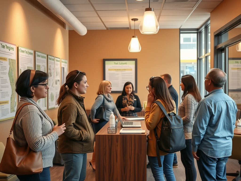 Группа людей обсуждает что-то у стойки в светлом офисе с плакатами на стенах.