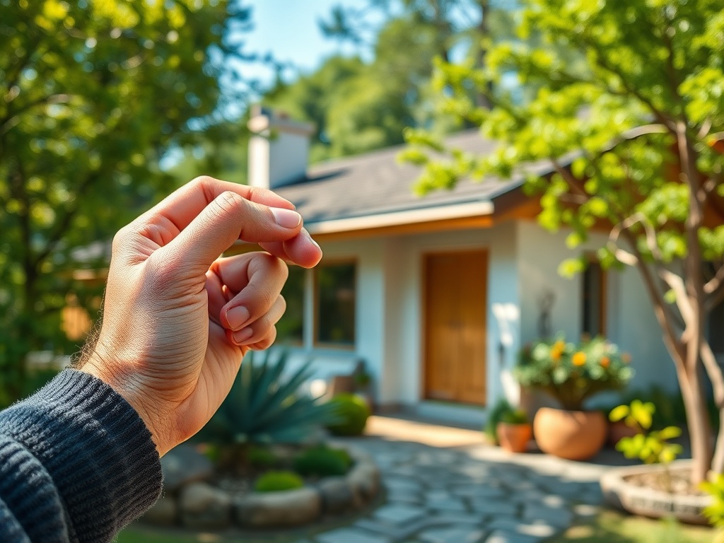 Рука с жестом 'приходи' на фоне уютного дома и сада с зелеными растениями.