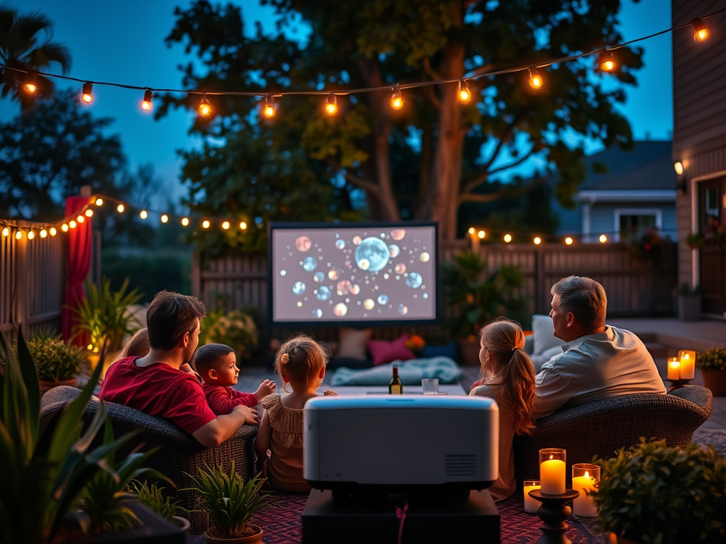 Семья смотрит фильм на заднем дворе под звездами, окруженная растениями и светящимися фонарями.