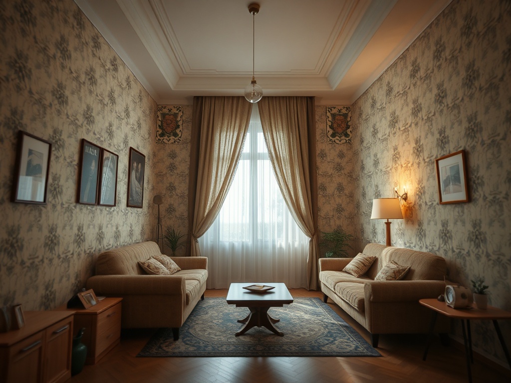 Комфортабельная гостиная с двумя диванами, светлыми занавесками и уютной атмосферой. Стены украшены картинами.