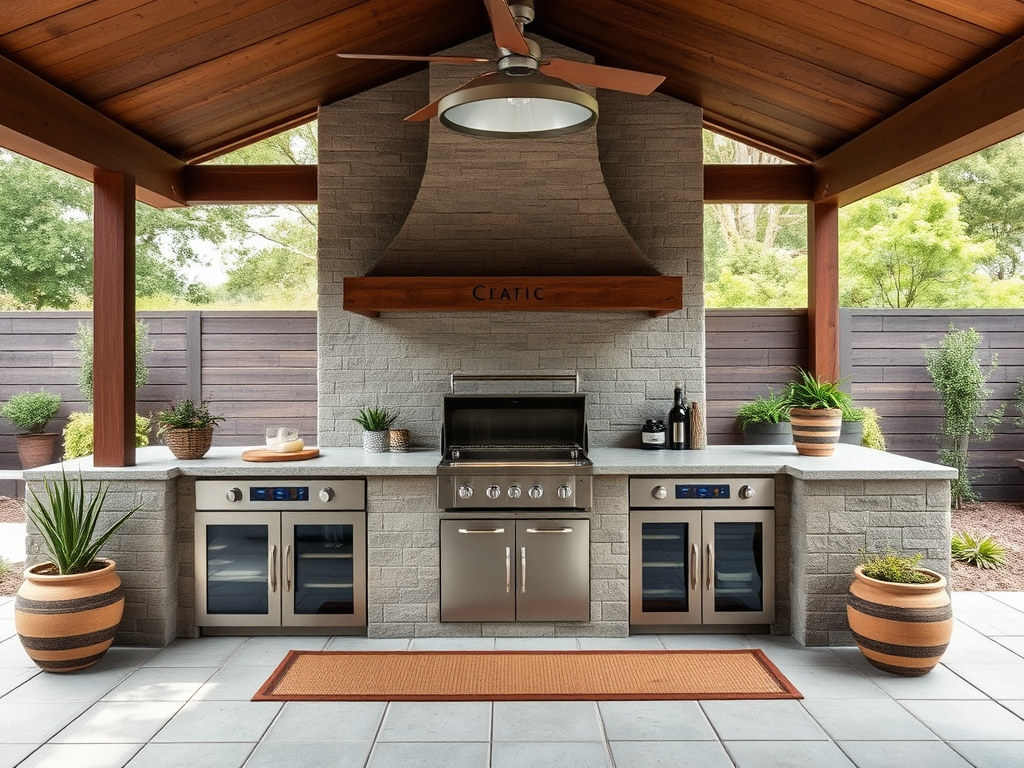 Современная кухня на улице с грилем, плитой и горшками с растениями под деревянным навесом.