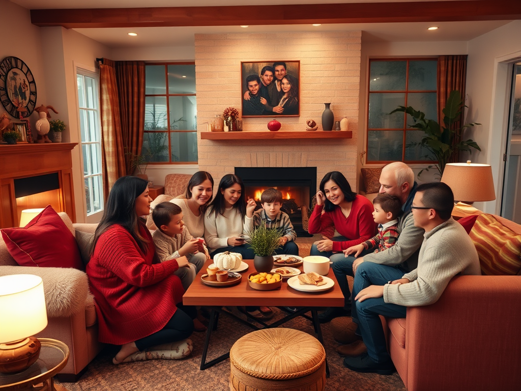 Семья собирается в уютной гостиной возле камина, наслаждаясь едой и общением. Атмосфера тепла и дружбы.