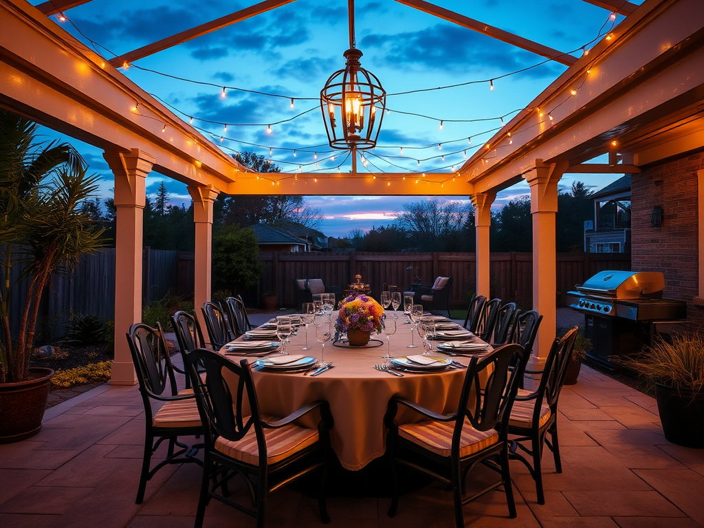 Накрытый стол на свежем воздухе под фонарями и огнями, вечерний сад с красивым закатом на фоне.