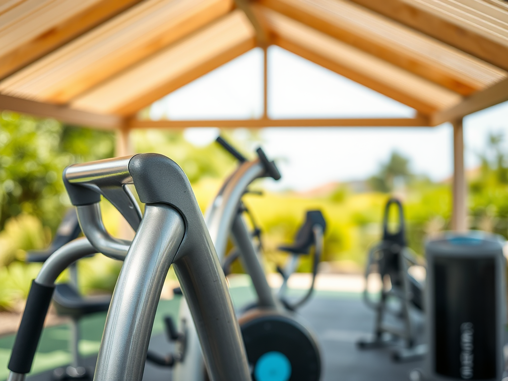 Зал для тренировок на свежем воздухе с разнообразным спортивным оборудованием в окружении зелени.