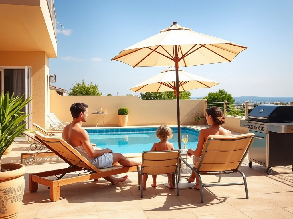 Семья отдыхает у бассейна на солнечной террасе, наслаждаясь моментом и видом на море.