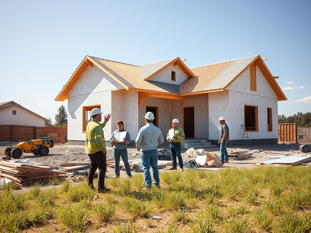 Строители обсуждают проект нового дома на строительной площадке в солнечный день.