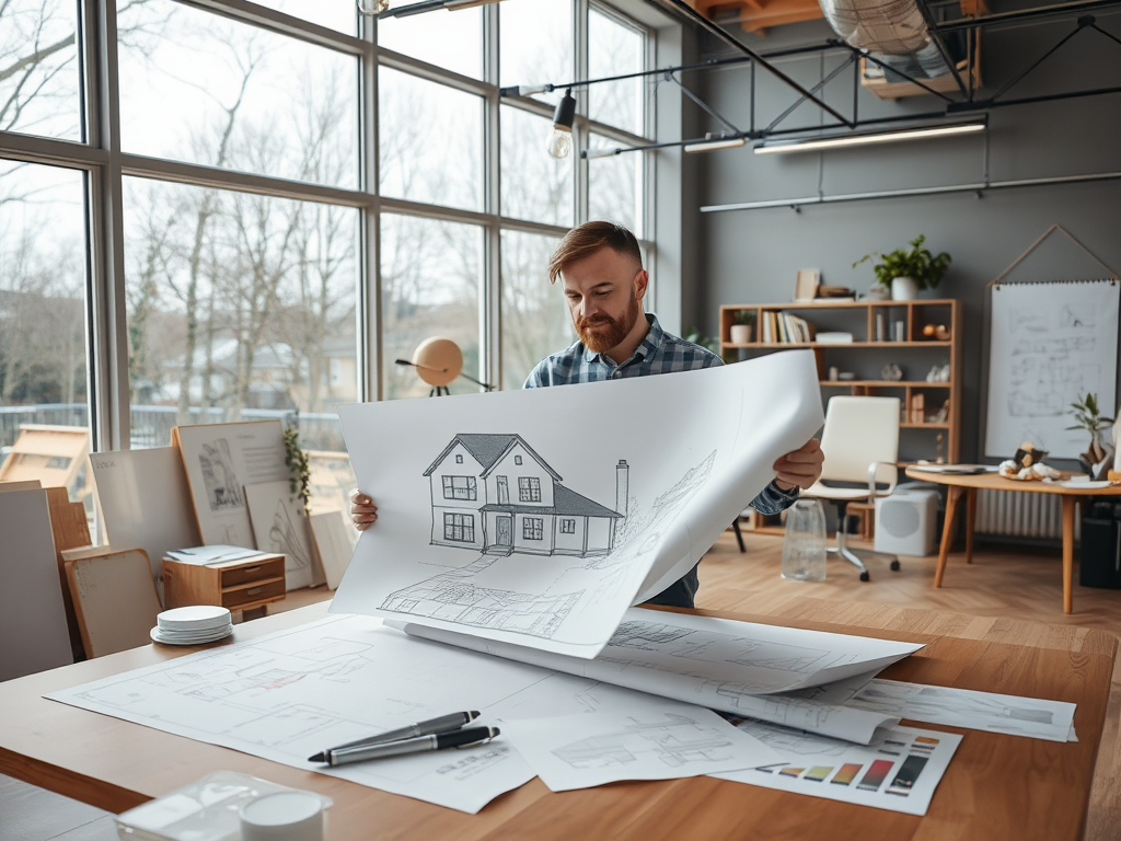 Архитектор работает с чертежами дома, расположенный в уютном офисе с большими окнами.
