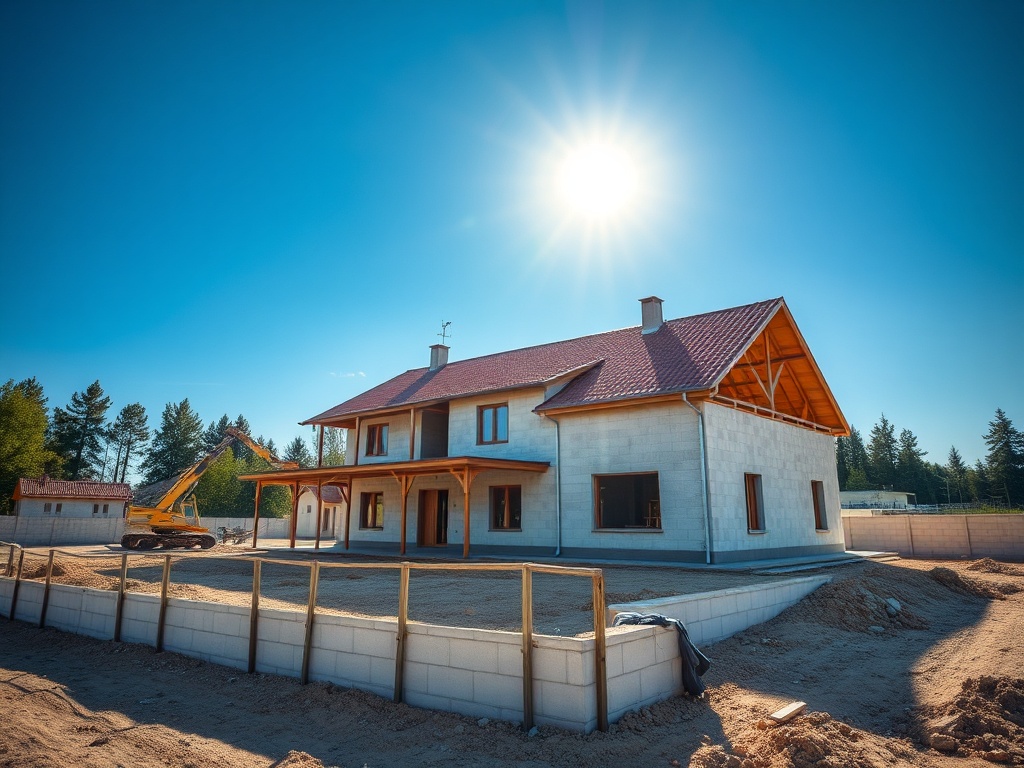 Строящийся дом с террасой на фоне ясного голубого неба и яркого солнца. Вокруг стройплощадка и лес.