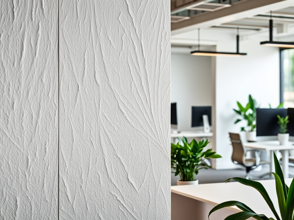 Современный офис с текстурированной стеной, зелеными растениями и компьютерами на рабочих местах.