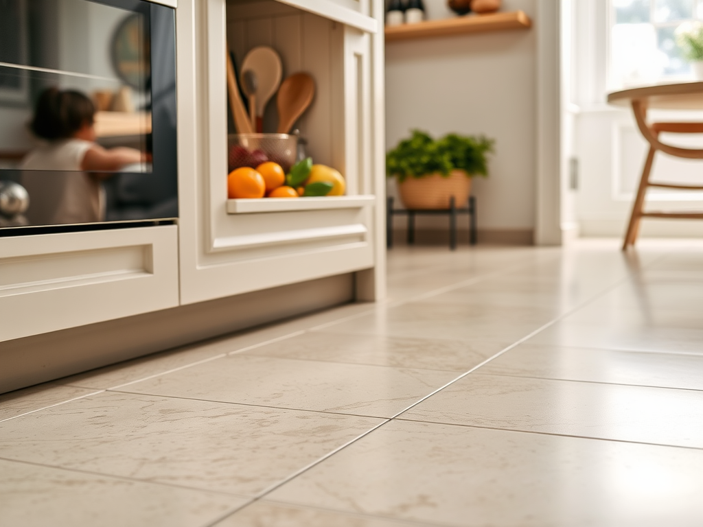 Кухня с белыми шкафами, фруктами на столе и плиткой на полу, маленький человек на заднем фоне.