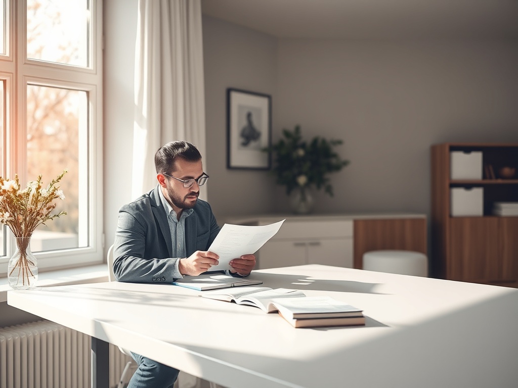 Мужчина в офисе читает документы, сидя за столом, окружённый светлым интерьером и растениями.